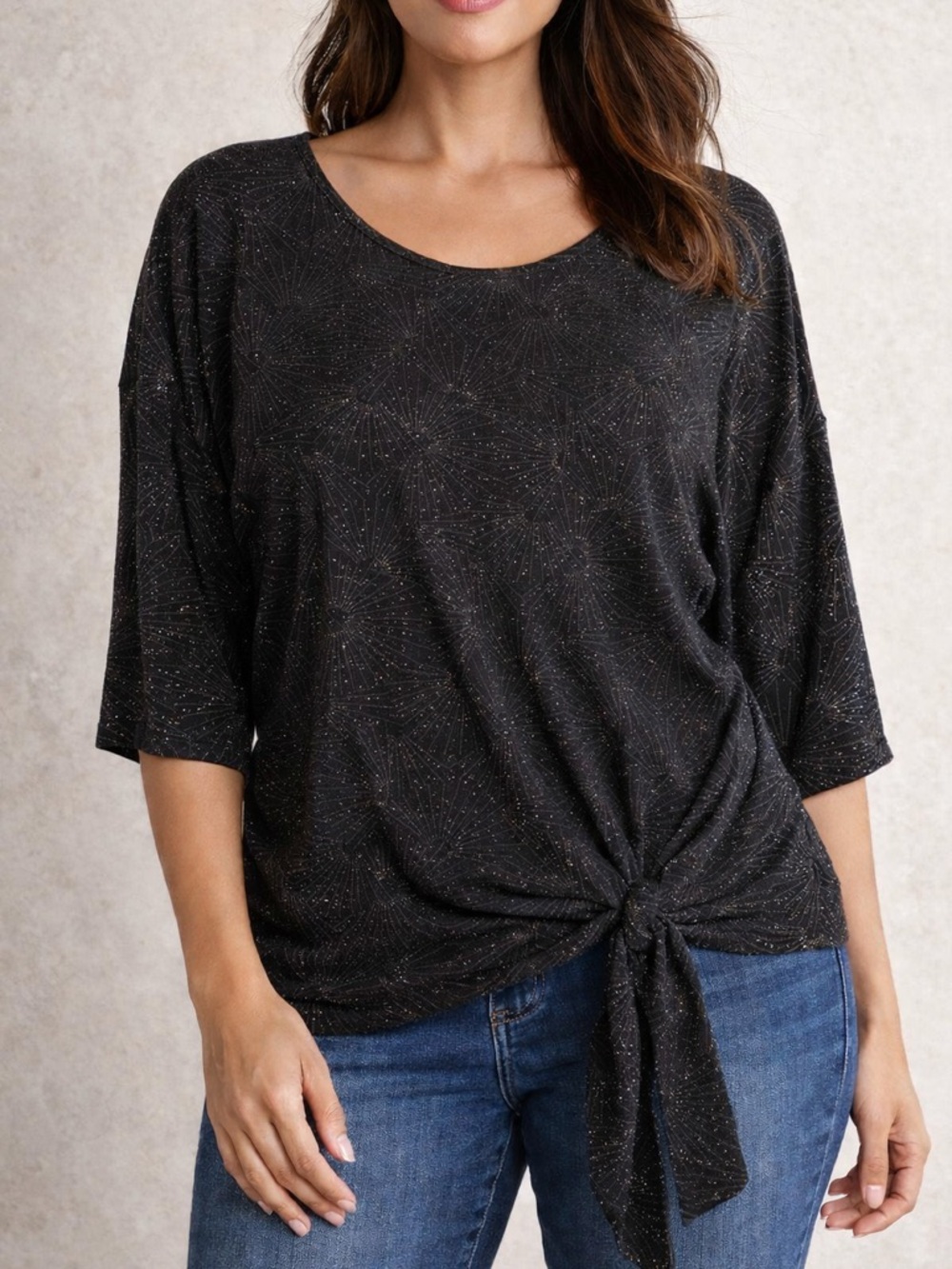 JM Collection Black Sparkle Tie-Front 3/4 Sleeve Blouse